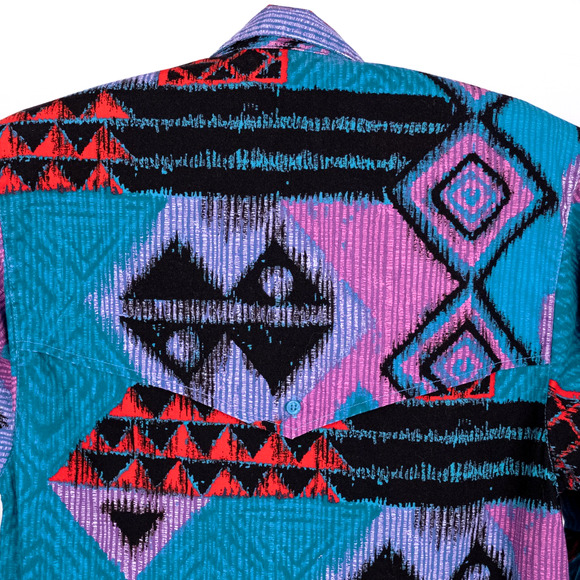 Vintage 90s Women's Wrangler Western Shirt LARGE Statement Aztec Tribal Colorful - Picture 6 of 7